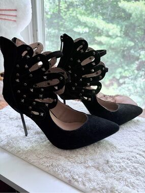 mark. Black Winged Studded Pointed Stiletto Heels